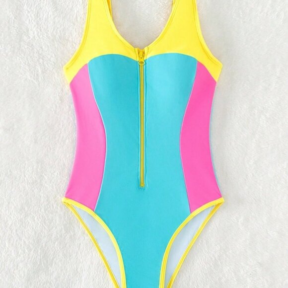 SHEIN One Piece Swimsuit Juniors Medium Blue Pink Yellow Colorblock Zip Front - Picture 4 of 6